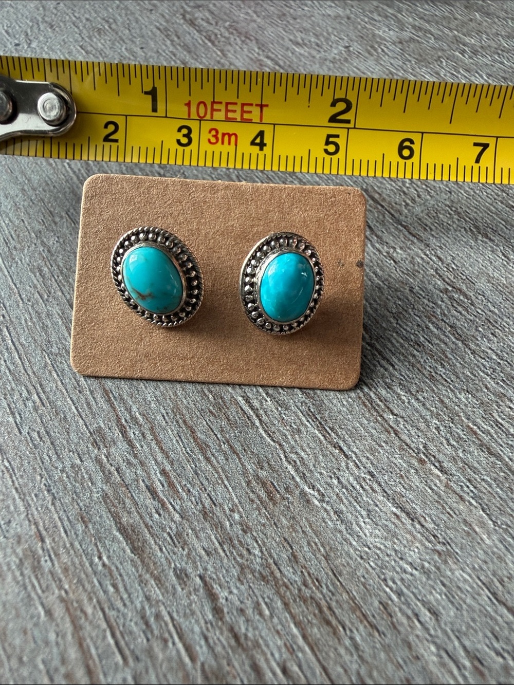 Turquoise Oval Stone Silver-Trim Stud Earrings - Women Jewelry - Picture 2 of 4
